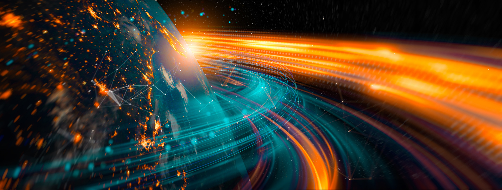 Global Network Connections and High-Speed Data Transmission Around Planet Earth in a Futuristic Digital Landscape with 3D software and Based on imagery from NASA. https://www.nasa.gov/specials/blackmarble/2016/globalmaps/BlackMarb