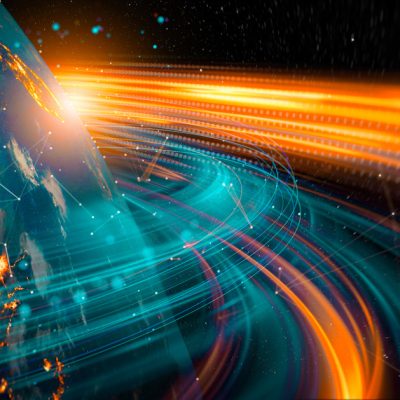 Global Network Connections and High-Speed Data Transmission Around Planet Earth in a Futuristic Digital Landscape with 3D software and Based on imagery from NASA. https://www.nasa.gov/specials/blackmarble/2016/globalmaps/BlackMarb
