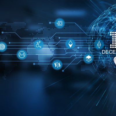DeFi offers a smart solution to traditional financial systems. Businessman points at a virtual blockchain network connecting service with graphical icons in finance, banking, insurance, industry.